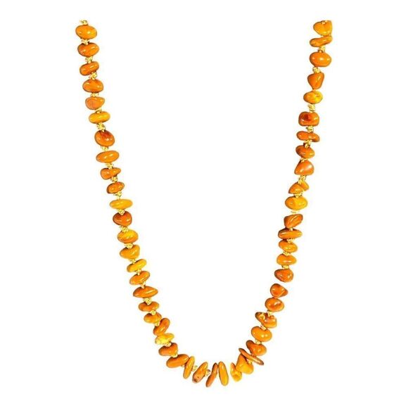 Petite Butterscotch Egg Yolk Amber Bead Necklace 30" Sterling Clasp 16 grams - Picture 1 of 6